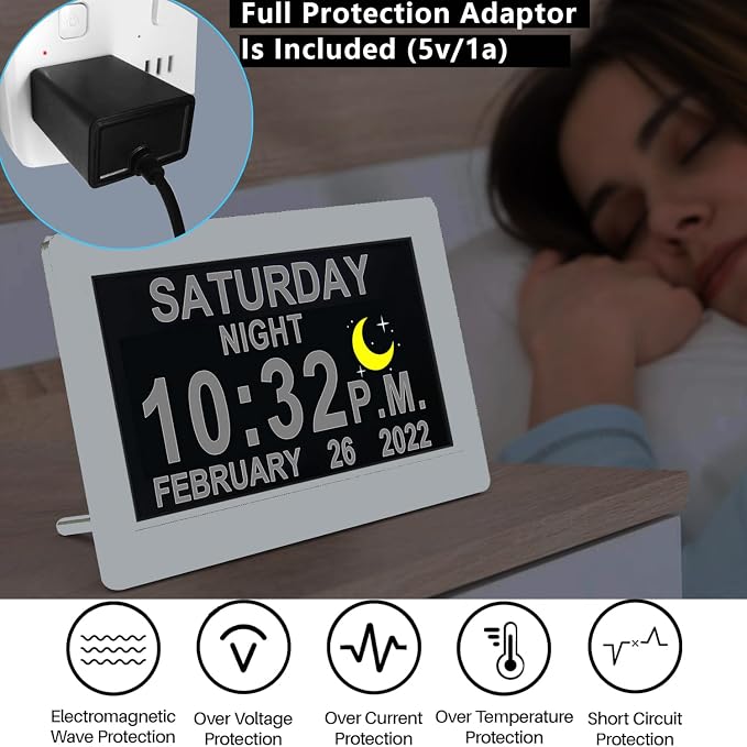 MASSII Dementia Clock with Date Time Voice Announcement, 27 Alarms Custom Reminders, Sleep Trainer, Auto DST, 10 Levels Night Dimmer, Large Talking Digital Calendar Clock for Elderly with 1.5M Adaptor