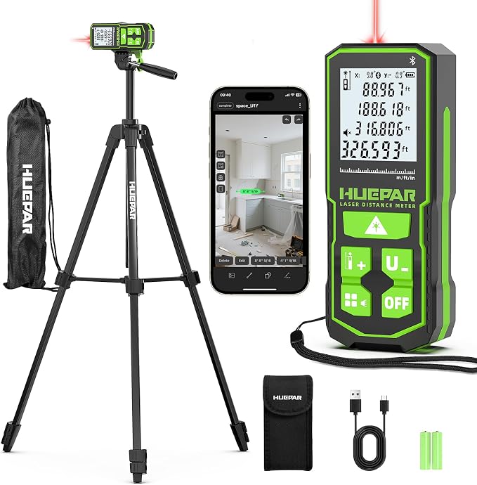 Laser Distance Measure 395 Feet with 60 Inch Tripod, Huepar Laser Distance Meter with Bluetooth & APP, Angle Sensor, 1/16in Accuracy Rechargeable Laser Measuring Tool, M/in/Ft Unit, Pythagorean Mode
