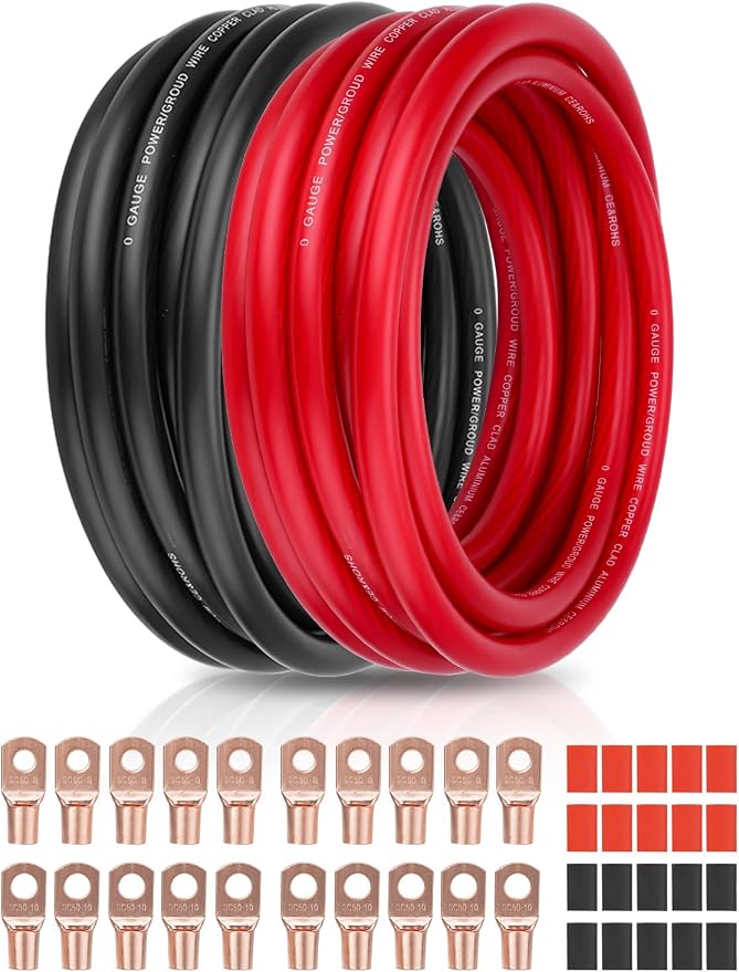 1/0 AWG 40FT Copper Clad Aluminum Battery Cable Kit, 0 Gauge 20FT Red + 20FT Black CCA Power/Ground Wire with 20PCS Ring Terminals & 3:1 Heat Shrink Tubing for Car Audio, RV, Solar, Inverter