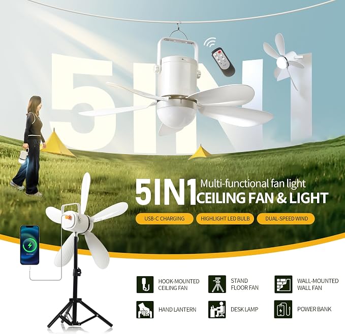 HZZ 17''Ceiling Fan Light, USB-C Fast Charge, DC Brushless Quiet Fan, RF Remote, Battery Operated Camping Fan, for Outdoor Gazebo Patio Greenhouse Canopy Tent Garage RV Emergency Use