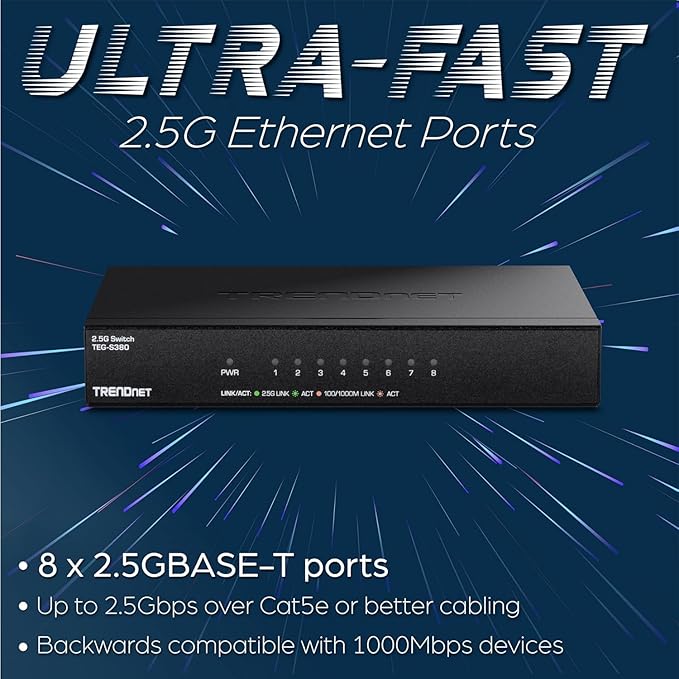 TRENDnet 8-Port 2.5Gb Multi-Gigabit Unmanaged Gaming Switch, TEG-S380, 8 x 2.5GBASE-T Ports, 25Gbps Switching Capacity, Ethernet Splitter, NDAA & TAA Compliant, Fanless, Lifetime Protection, Black
