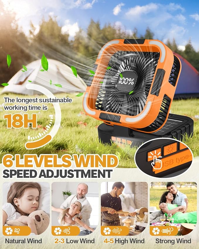 25000mah Camping Solar Fan, 120° Oscillation Rechargeable Solar Powered Fan with LED Light, 6 Adjustable Speeds Battery Powered Portable Fans, USB-C Fans for Travel Tent Camping Accessories