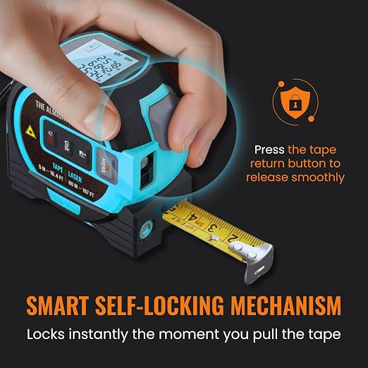 The Almighty Ruler Laser Tape Measure | Laser Distance Measurer, Heavy-Duty Tool with Cross Marking Feature, Smart Range Finder, Easy-Read Display, Ft & Metric Measurement | 196 ft | 65 yd | 60 m
