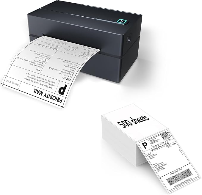 Bluetooth Thermal Shipping Label Printer (Black) + Thermal Direct Shipping Labels (Pack of 500 Fan-Fold Labels)