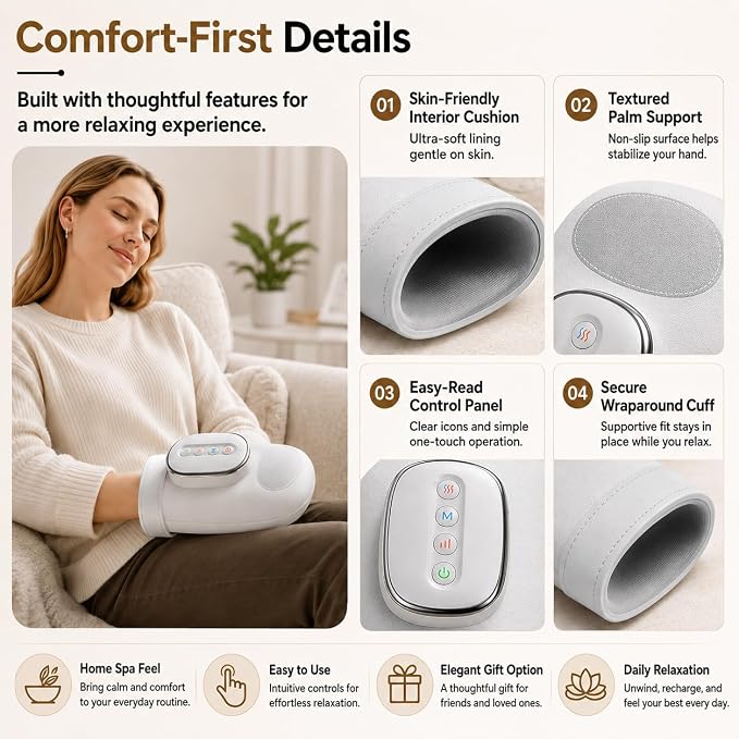 Hand Massager with Heat and Compression, Cordless Electric Hand Massager for Arthritis and Carpal Tunnel Relief, Rechargeable Hand and Wrist Massager for Home Office Travel