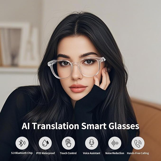 AI Smart Glasses, Bluetooth Translation Glasses for Men Women, Smart Audio Sunglasses with Real Time Translation(160+Languages), Photochromic Lenses, Music Blue Light Glasses for Travel Business-C