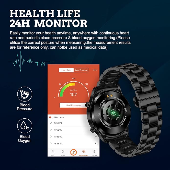 Men Smart Watch for Android iOS, Bluetooth Calls Voice Chat with Heart Rate/Sleep Monitor Fitness Tracker, 1.3" Full Touch Screen IP67 Waterproof Stainless Steel Activity Tracker for Men