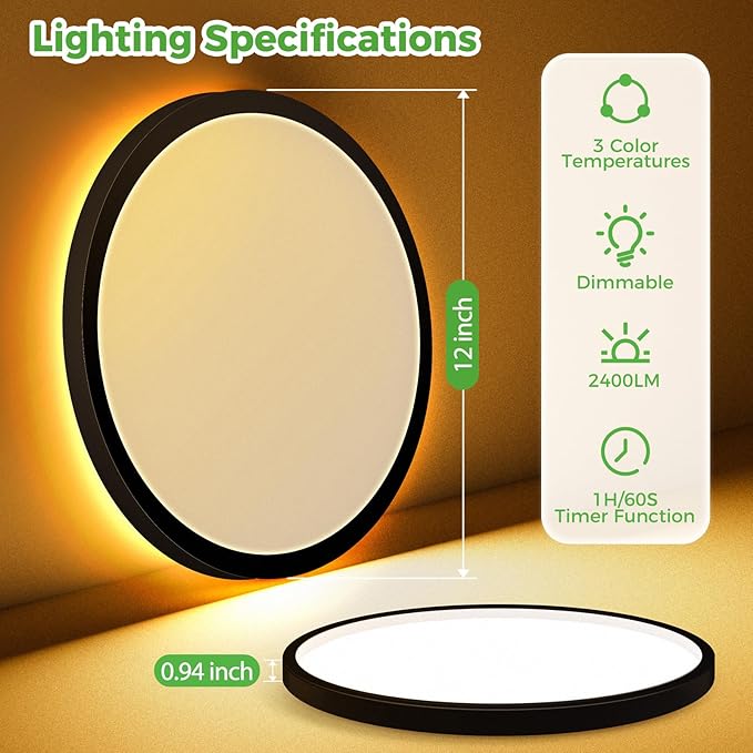 zemty 12 Inch LED Ceiling Light with Night Light 1800K, 3000K/4000K/6500K Dimmable Light Fixtures with Remote Control,24W 2400lm Low Profile Ceiling Lamp for Bedroom LivingRoom Kitchen-Black