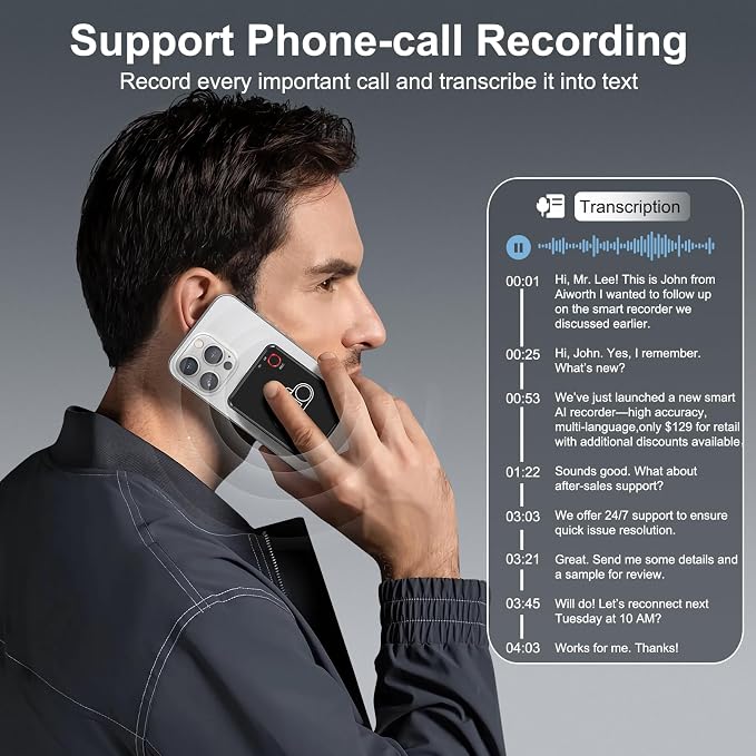 Portable AI Voice Recorder, Wireless Speech to Text Transcription Device, Smart AI Note Taking Assistant, Built-in Chat GPT, 59 Language Translator, AI Transcribe & Summarize for Meetings, Daily Calls