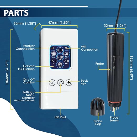7 in 1 Smart Water Quality Tester, Wireless WiFi Water Monitor Measures pH/ORP/TDS/EC/Salinity/SG/TEMP, Water Quality Meter with App Connection Real-Time Alerts for Aquarium, Saltwater Fish Tank, etc.