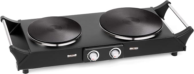 Techwood ES-3203 Hot Plate Electric Double Burner 1800W for Cooking with Adjustable Temperature & Stay Cool Handles, Black Stainless Steel, Compatible for All Cookwares