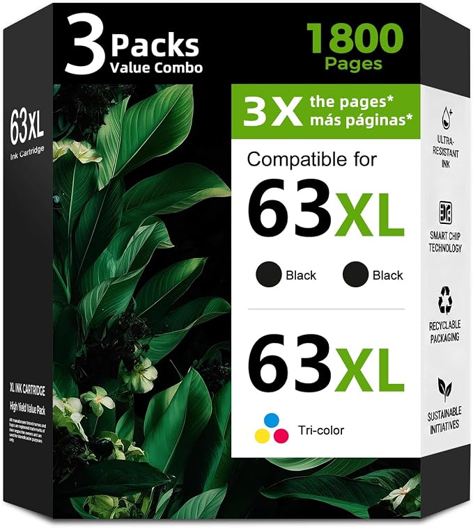 63XL Ink Cartridge Replacement for HP 63 XL HP63(2 Black,1 Color,3 Pack)for Envy 4520 4512 4510 Officejet 4650 5258 5200 3830 5255 4655 4652 5252 Deskjet 3630 3632 2132 1112 3631 2130 3634 Printer