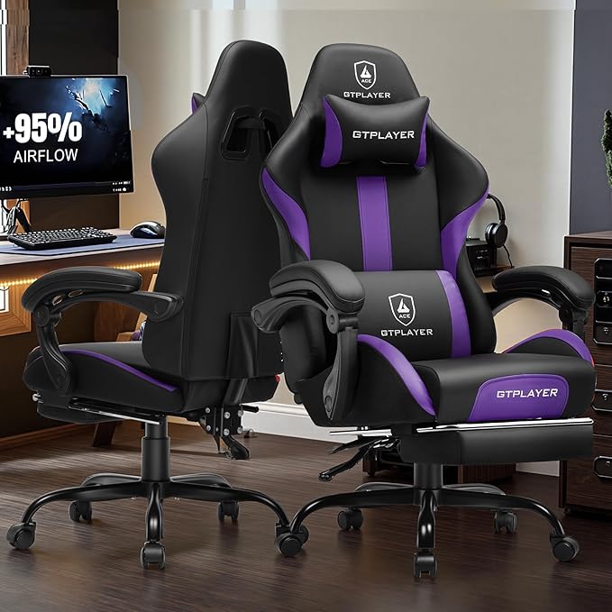 GTPLAYER Gaming Chair with Foot Rest & Pocket Spring Cushion, Ergonomic High Back Computer Chair with Headrest & 360°-Swivel Seat for Home Office Desk, PU Leather, Purple