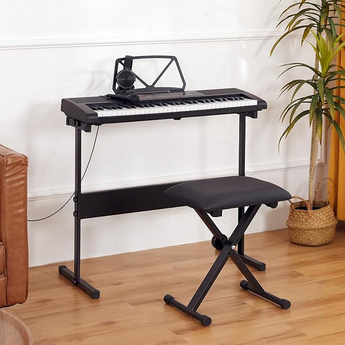 MUSTAR 61 Key Piano Keyboard, Electric Piano Keyboard with Lighted Up Keys, Learning Keyboards Piano for Beginners With Piano Stand, LCD Screen, Headphones, Microphone (Black with Stool)