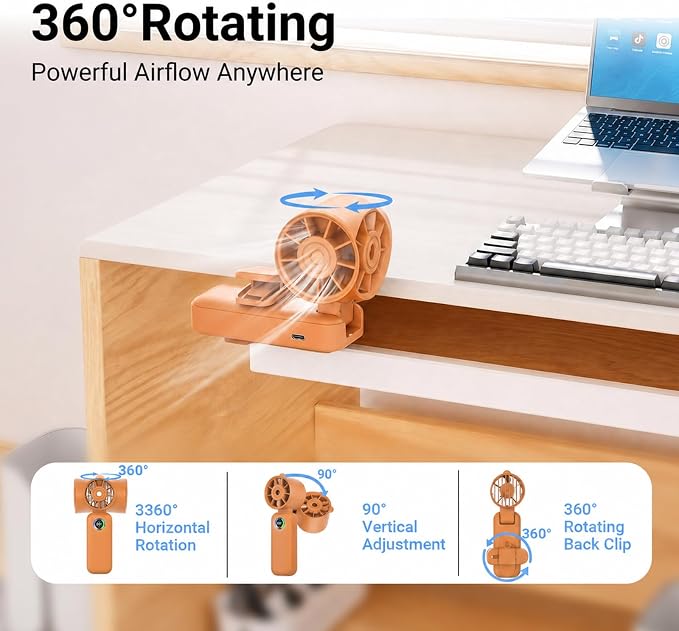 Clip-On Portable Fan with Misting, 4000mAh Up to 12H Battery Life Hand Mini Foldable Fan, 360° Rotating USB Rechargeable Turbo Quiet Stroller Fans for Travel Outdoors and Office Use (Orange)