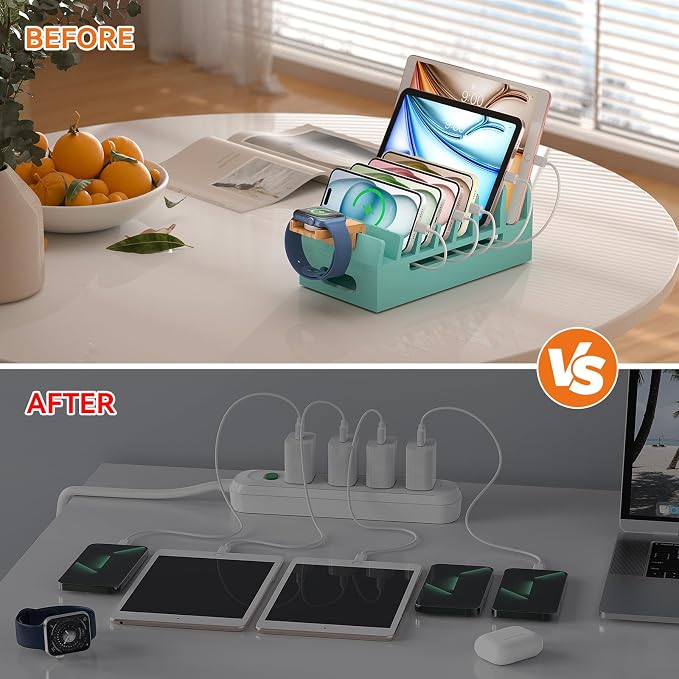 Bamboo Charging Station with Watch Stand, Docking Holder for Multi Device with 5 Charge Cables, Desktop Dock Stations Electronic Organizer for Cellphone, Tablet, Watch(No USB Charger)-Teal