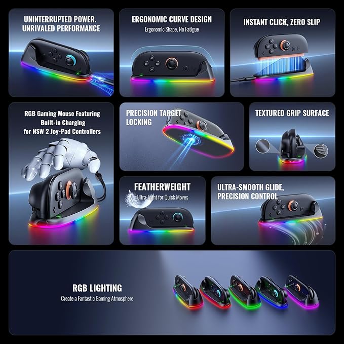 RGB Gaming Controller Mouse Controller with Charging for Switch 2 Joycon Grip, Magnetic Mouse Game Stand Holder with Hand Strap Compatible with Nintendo Switch 2 (2025), Mice for Pokopia Game