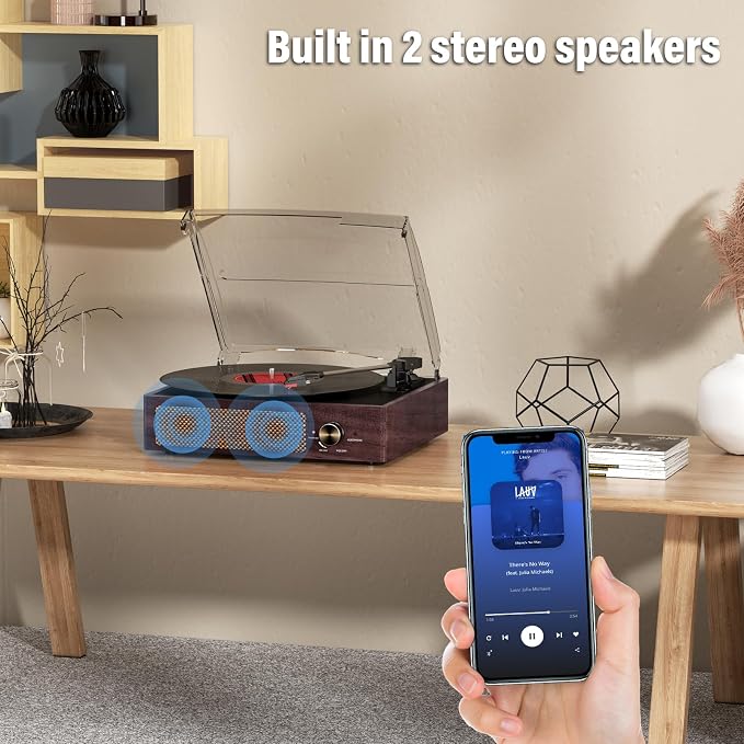 Vinyl Record Player Turntable with Built-in Bluetooth Receiver & 2 Stereo Speakers, 3 Speed 3 Size Portable Retro Record Player for Entertainment and Home Decoration