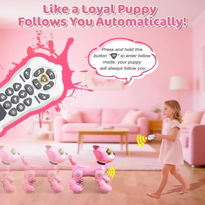 VATOS Rechargeable Robot Dog for Kids, Remote Control Robotic Dog with Programmable, 17 Interactive Functions & Volume Adjustable, Singing Dancing Robot Dog Toy Gift for Girls 3-8 Years Old, Pink