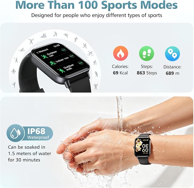 Smart Watches for Women, 1.85" Alexa Fitness Trackers with Call & SMS, Heart Rate, SpO2, Stress & Sleep Monitor, IP68 Waterproof Smartwatch for Android iPhone Samsung etc., 100+ Sports Modes, 2 Bands