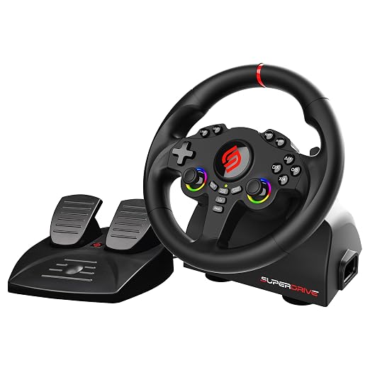 SUBSONIC Superdrive 220RS Racing Wheel Switch 2/Switch PS4 PC Xbox series | Steering Wheel with Dual Joysticks for GTA 6 & Famring simulator- LED - Vibration - Diameter 22 cm, Rotation 180° - Pedals