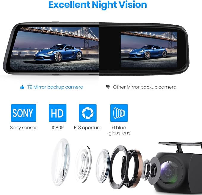 9.35''1080P OEM Rear View Mirror Camera: Recording Wide View Back Up Camera for Cars, Smart Full Touch Screen Stream Media Backup Camera with Super Night Vision for Trucks,Vans, SUVS (AUTO-VOX T9)
