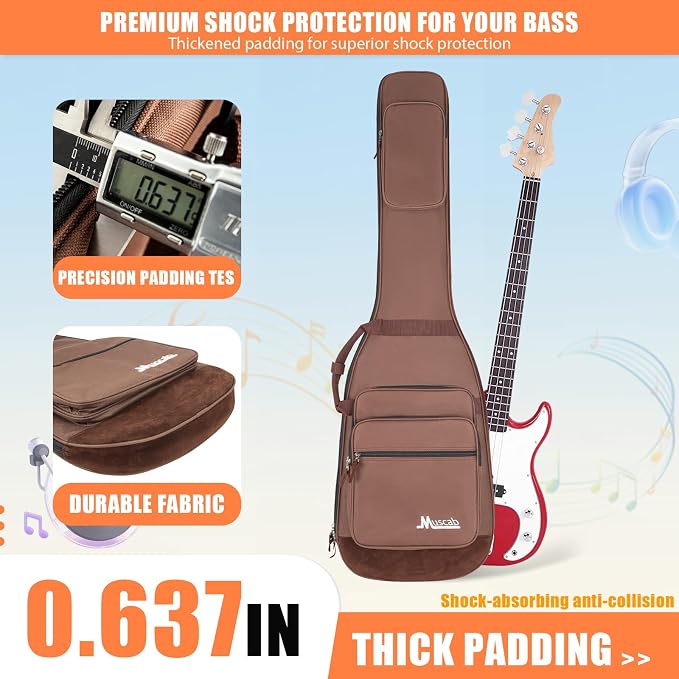 Bass Guitar Bag 0.5 Inch Padding Bass Guitar Case, Bass Electric Guitar Gig Bag Backpack with Neck Strap and 4 Pockets, Brown