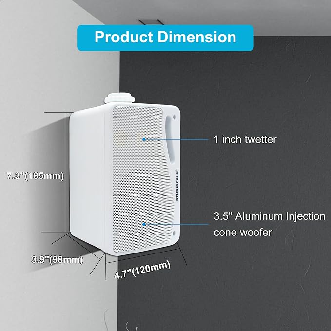 STUDIOFINIX Passive Outdoor Speakers Wired Waterproof -3.5 Inch 3 Way 200W Surface Marine & Wall Mount Speakers, Suitable for Home, Boat, Poolside, Patio, Indoor Outdoor Use（White