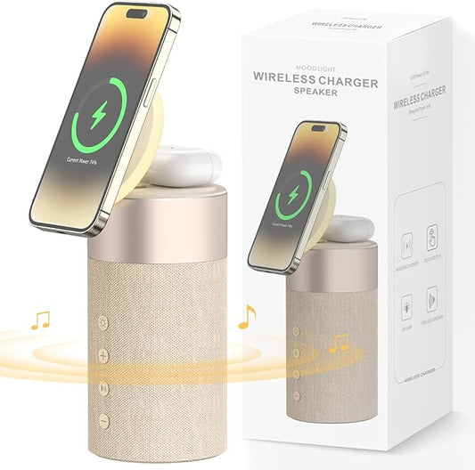 COLSUR Bluetooth Speaker, Magnetic Wireless Charger, Bluetooth Speakers with Night Light, 2 in 1 Wireless Charging Station for iPhone 17/16/15/14/13/12 Series, AirPods Pro 2/4/3/2（Gift Ideal）(Yellow)