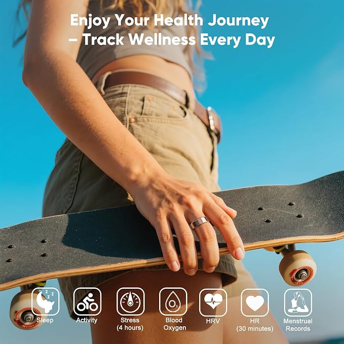 Smart Ring, Titanium Health & Fitness Tracker with Sleep, Heart Rate & SPO₂ Monitoring, Ultra-Light, 4–6 Day Battery, No Subscription, for Women & Men （Silver 8