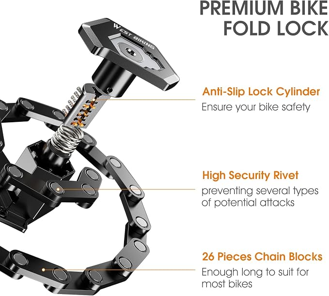 Folding Bike Lock with 3 Keys, 2.8 FT Bicycle Lock Compact Anti Theft, High Security Scooter Locks, Heavy Duty Bike Chian Locks with Bracket