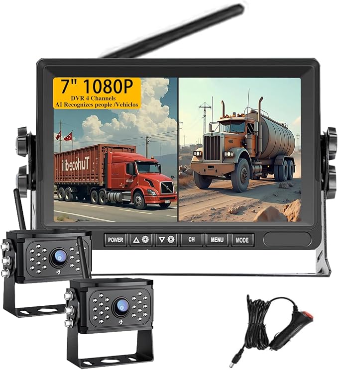 Wireless Backup Camera – Plug & Play, Pre-Wired for Furrion, 4-Channel Split-Screen, 1080P HD 7" Monitor, Wide View & Night Vision & Recording, for Trailer/Camper/Motorhome (2 Camera)