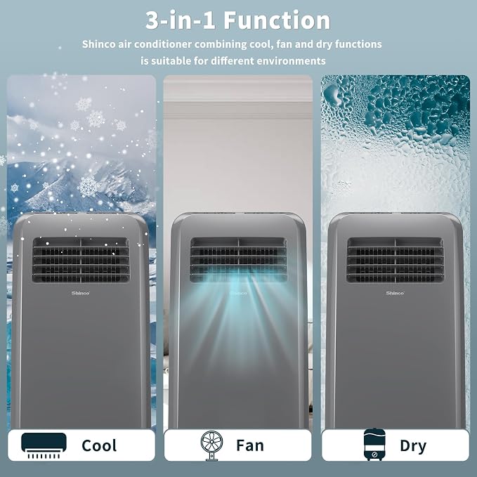 Shinco 8,000 BTU Grey Portable Air Conditioner - 3-in-1 Cool/Dehumidifier/Fan for Rooms Up to 350 sq.ft, Remote Control & 24H Timer, Compact AC Unit for Bedroom/Office