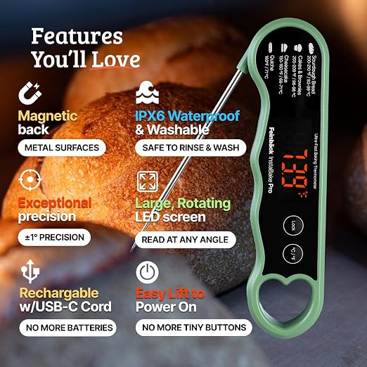 Pro Instant Read Food Thermometer for Cooking Sourdough Bread Baking | Rechargeable Rotating Screen | Digital Meat Thermometer Kitchen Gadget Grill Accessories | Water-Resistant (Olive Green)