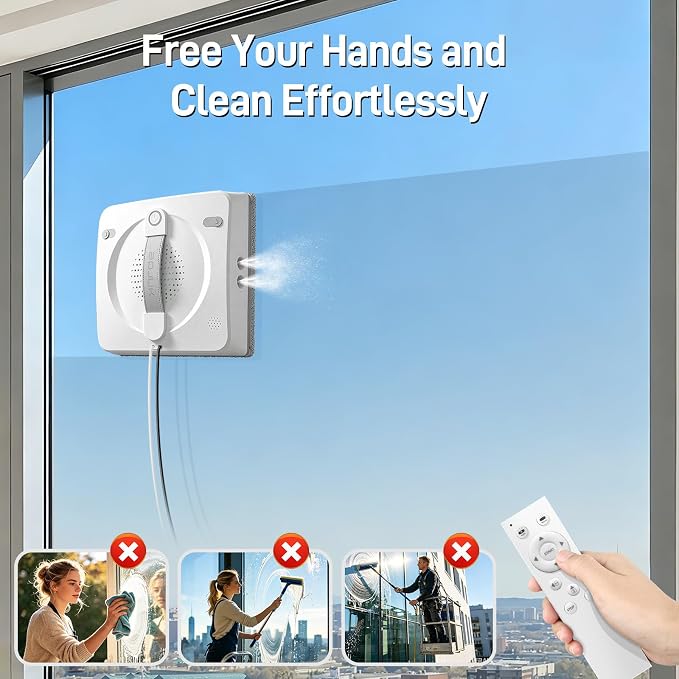Window Cleaning Robot, 5000Pa Sauction with 4 Water Spray, 10-Stage Protection System, Intelligent Path Planning, 3 Cleaning Modes, Edge Detection for High Glass, Tiles, Mirror