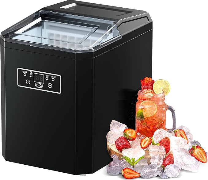 Ice Cube Maker, Counter Top Ice Maker with 2 Ways to Add Water, 33LBS/24H Ice Machine with Transparent Lid Perfect for Home, Office, Kitchen, RV, Basement Bars