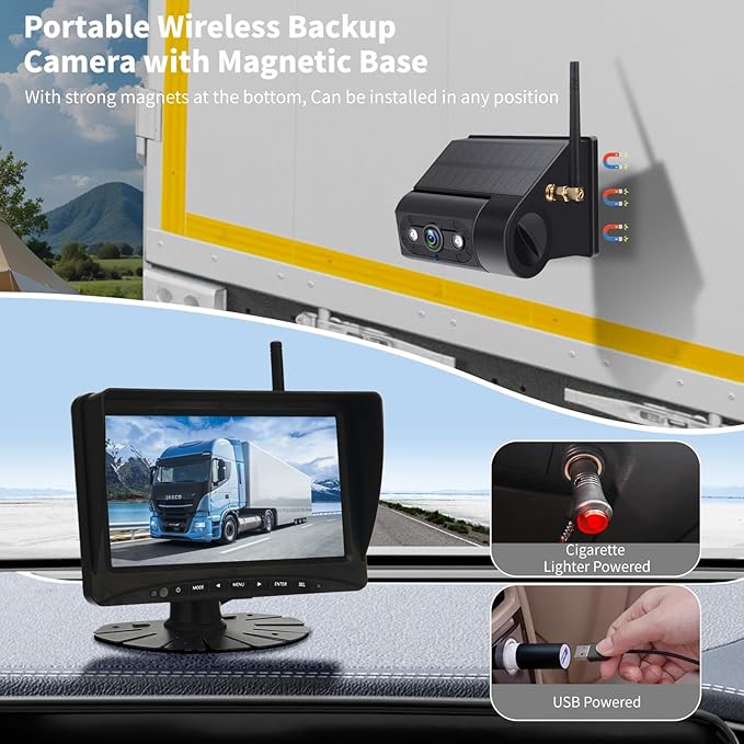 Solar Magnetic Wireless Backup Camera, 7 Inch Portable Installation RV Backup Camera, 1080P HD Rear View Camera, Rechargeable 7'' Monitor Kit for Car, IR Night Vision, 150° Wide Angle, DIY Guide Lines
