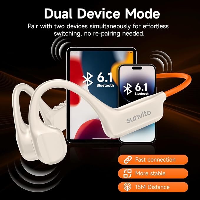 Bone Conduction Headphones, Open Ear Bluetooth 6.1 Sports Headset with Mic, IPX7 Waterproof Running Headphones with 10H Playtime, Lightweight Comfortable Earphones for Workout, Gym, Orange