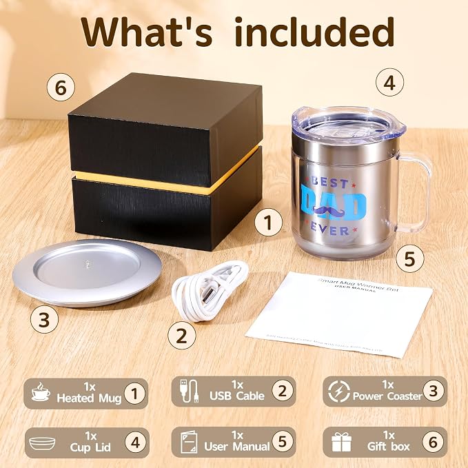 Dad Birthday Gifts, 12oz Heated Coffee Mug with BEST DAD EVER Design, USB Electric Temperature Control Cup, Fathers Day Gift from Wife Daughter Son(Silver DAD-12oz)