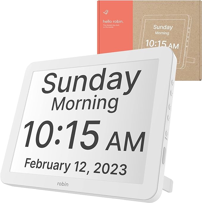 Robin Day Clock 2026 for Seniors, 15" Large Digital Calendar Dementia Clock with Talking Function, Alarms, Easy-to-Read Display for Elderly, Day Date Time, Medication Reminder, DST, White