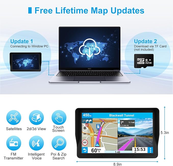 9" GPS Navigator for Car Truck RV, GPS Navigation System with 2026 Maps Free Lifetime Updates, Custom Truck Routing, Speed Camera Alerts, Day/Night Mode (Blue)
