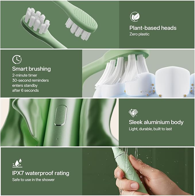 Oday Sonic Electric Toothbrush for Adults with Wall Mounted UV-Cleaning Toothbrush Holder and 4 Brush Heads, Wireless Charging, IPX7 Waterproof, 1 Month+ Battery, Green