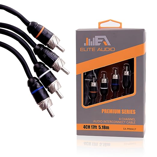 Elite Audio Premium Series 17ft. 4-Channel Car Audio RCA Cable – Double Shielded, Oxygen Free Copper, Noise Reducing Audio Cable for Amplifiers, Subwoofers, Speakers, and Processors – PRM417