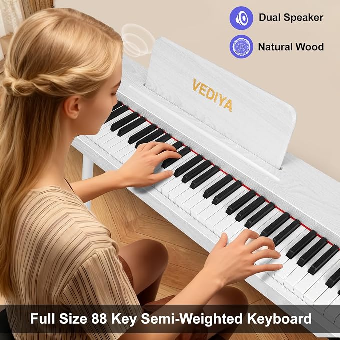 Digital Piano Keyboard 88 key,Semi-Weighted Electric Piano,Full Size Acoustic Piano for Beginners with Pedal, USB-MIDI Compatibility (White)
