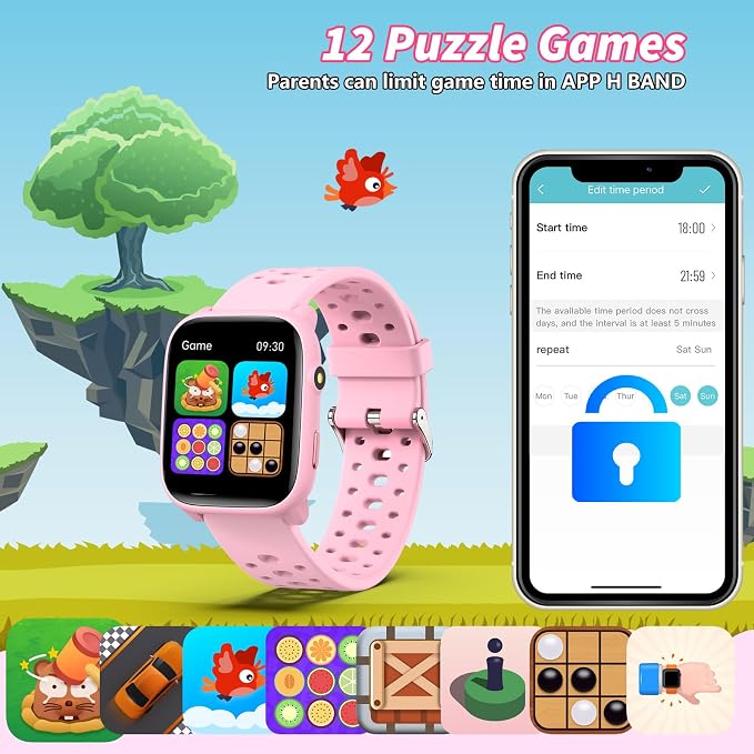 Kids Smart Watches Girls Gift Age 6-12 with 12 Puzzle Games, Heart Rate, Sleep Monitor, Pedometer, Flashlight, 1.83" Touchscreen IP68 Waterproof Kid Watch Brithday Gift for Girls
