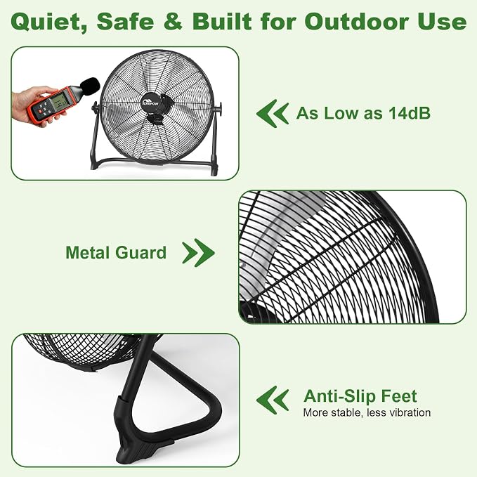 16" Solar Powered Floor Fan, Rechargeable Battery Operated Floor Fans with USB&Type C Output, 4-25H Runtime,Quiet Cordless Outdoor Fan for Outside Camping Greenhouse Shed Home Patio