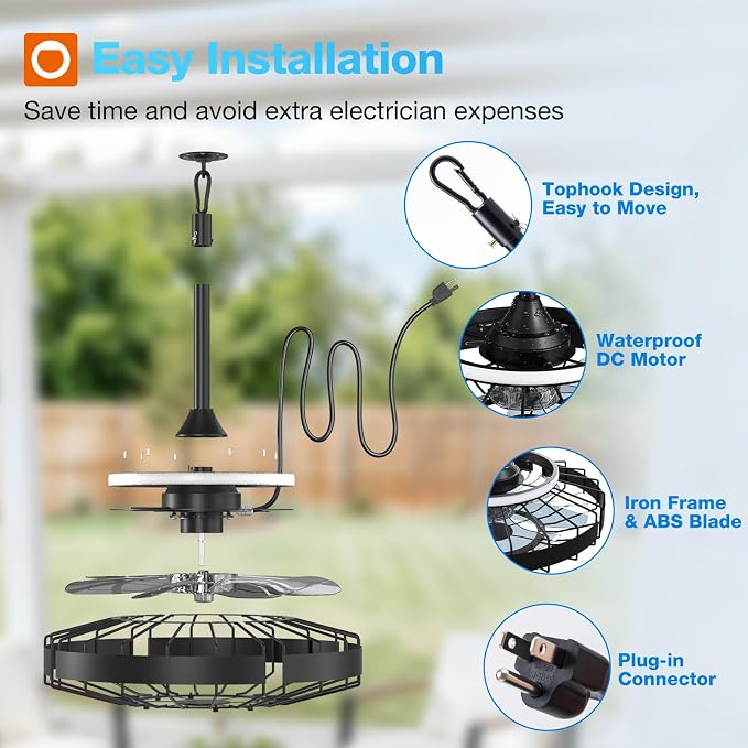 addlon 20 Inch Outdoor Ceiling Fan with Light for Patio, IP65 Waterproof Plug in Caged Hanging Fan, Remote Control, 3000-6000K Dimmable, 6 Speeds Reversible Outdoor Fan for Gazebo, Pergola, Porch