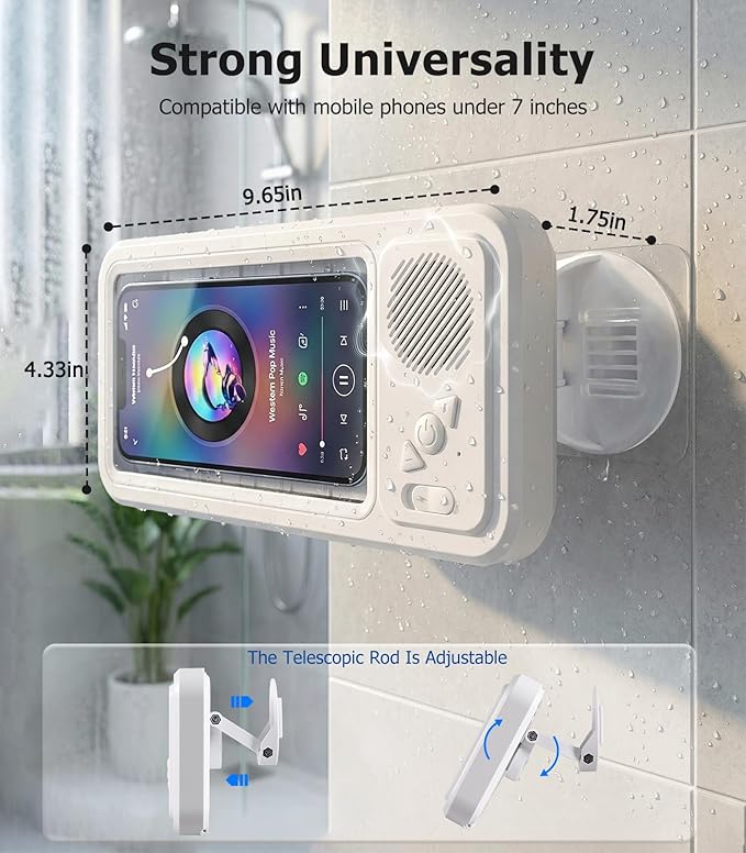 Shower Phone Holder with Bluetooth Speaker,IPX5 Waterproof,Touch-Friendly Screen Access，No-Drilling Adhesive Wall Mount,360° Rotation Bathroom Phone Holder for Shower Bathtub Kitchen Pool(White)
