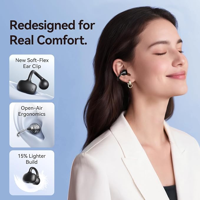 Kinglucky Upgraded Clip-On Earbuds Comfortable fit & Crystal-Clear Sound, 40H Playtime Open Ear Buds Bluetooth 6.0 Wireless Headphones for Women Ideal for Small Ears,Sports,Workouts,Glasses Black