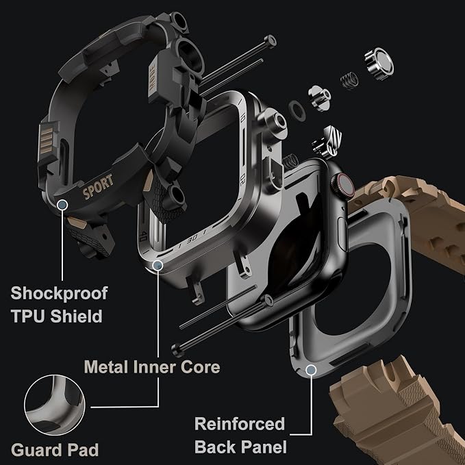 DABAOZA Rugged Case with Band Compatible with Apple Watch 45mm, for iWatch Series 9/8/7,Military Grade Shockproof Bumper and Men's Tactical Heavy Duty Strap(Desert Tan,45MM)